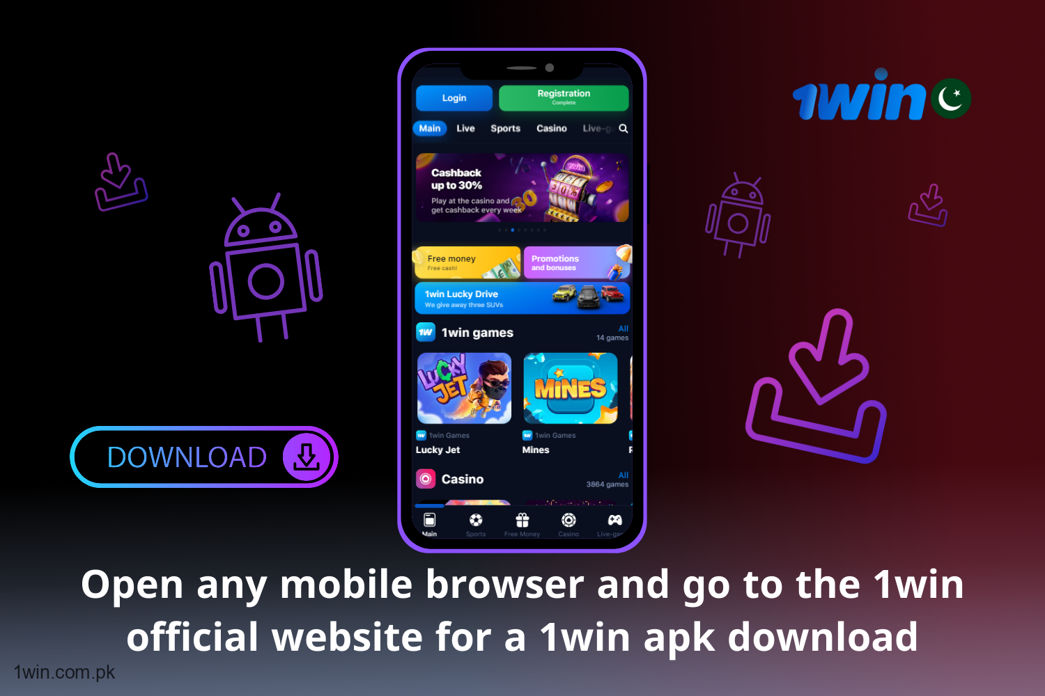 Firstly, a user from Pakistan should open their mobile browser and visit the official 1win website to initiate the download.