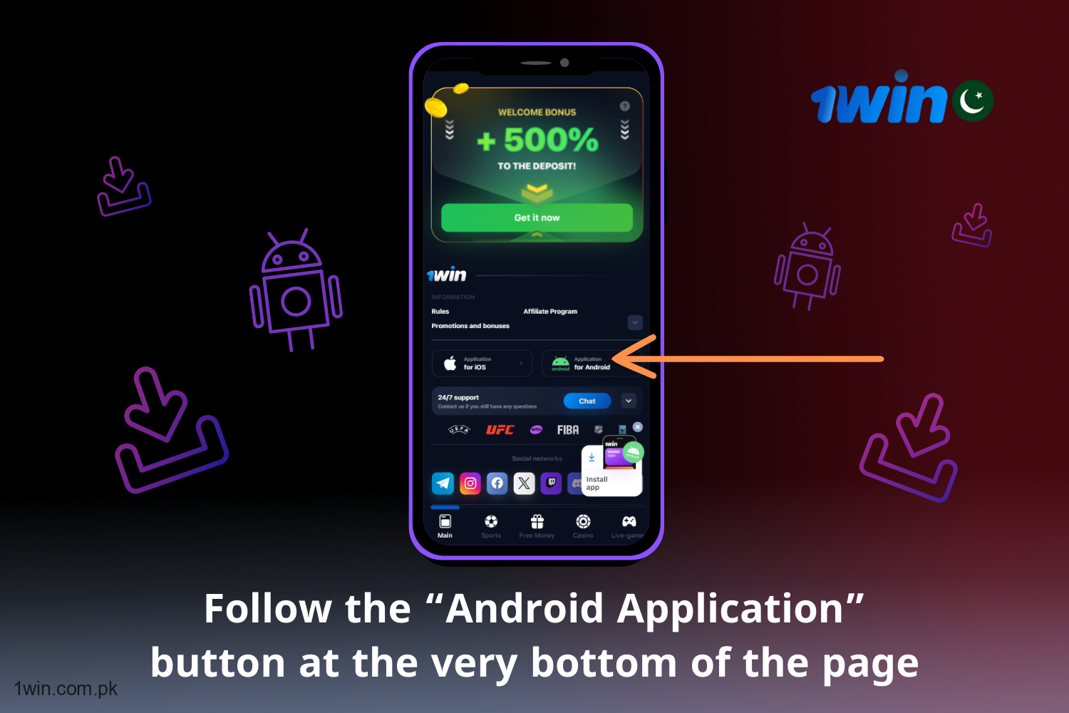 In order to download the app for Android, a user from Pakistan must click the "App for Android" button at the very bottom of the page