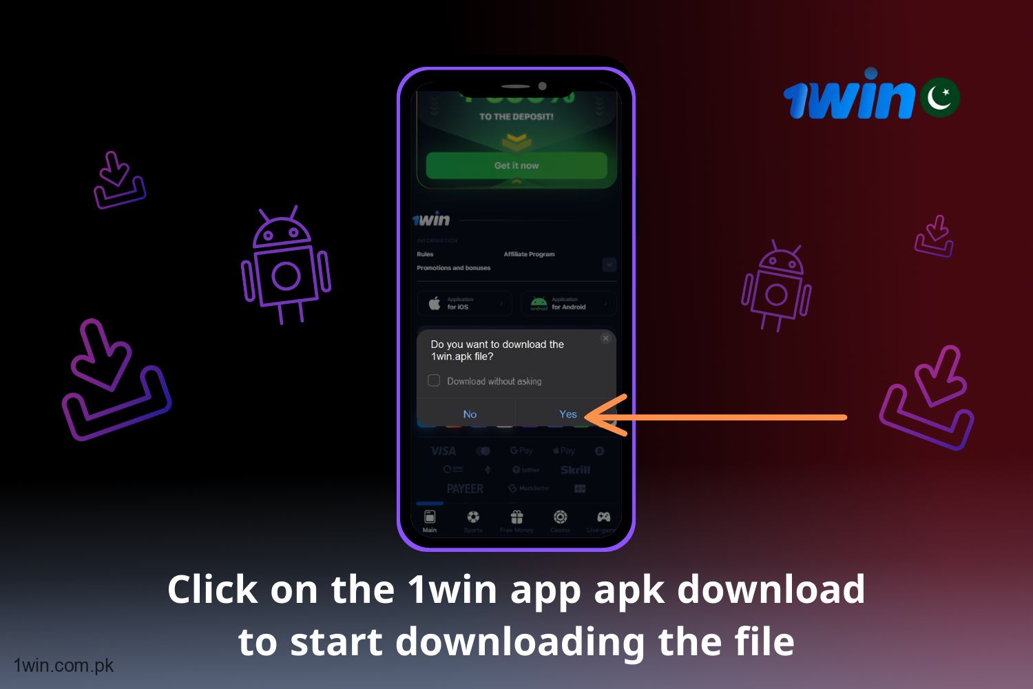 In order to download the Android application, the user needs to click the link to download the 1win APK file.