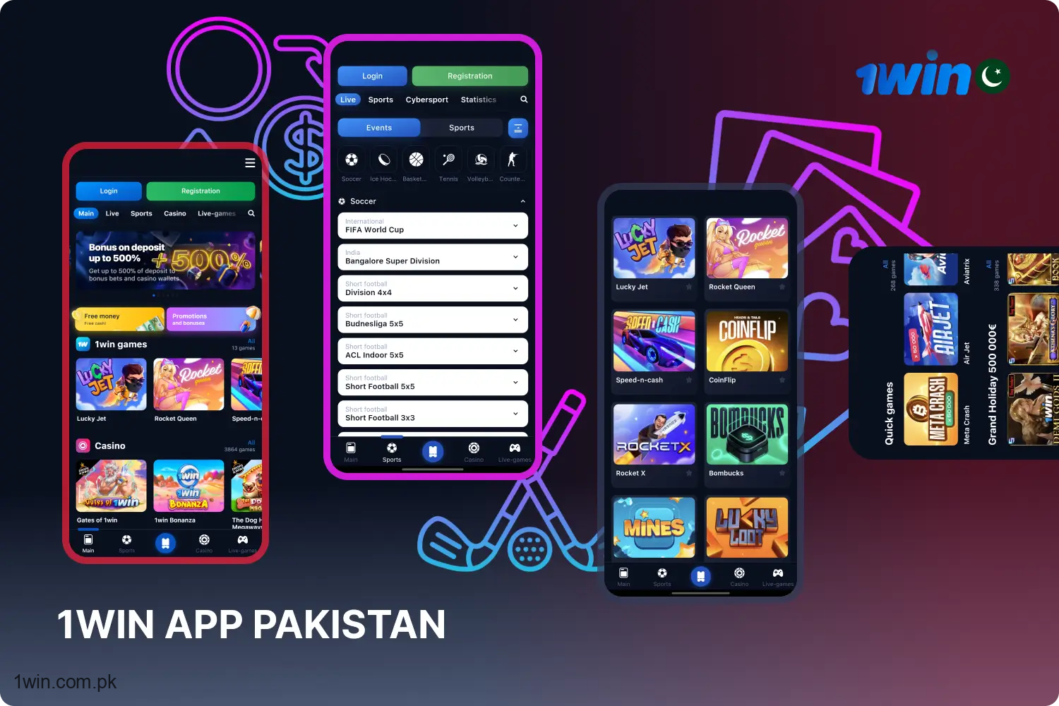 پاکستان میں اینڈرائیڈ اور آئی او ایس کے لیے 1win bet کی موبائل ایپ کھیلوں کی بیٹنگ اور کیسینو گیمز کھیلنے کی سہولت فراہم کرتی ہے.