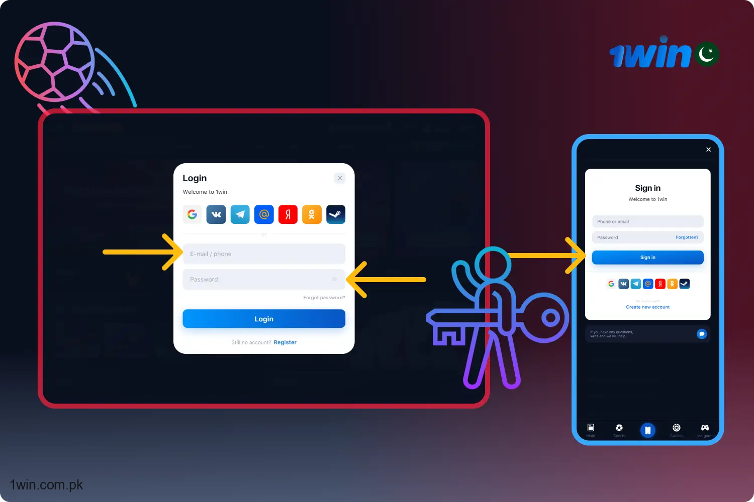 In the pop-up window, enter your 1win account login details.