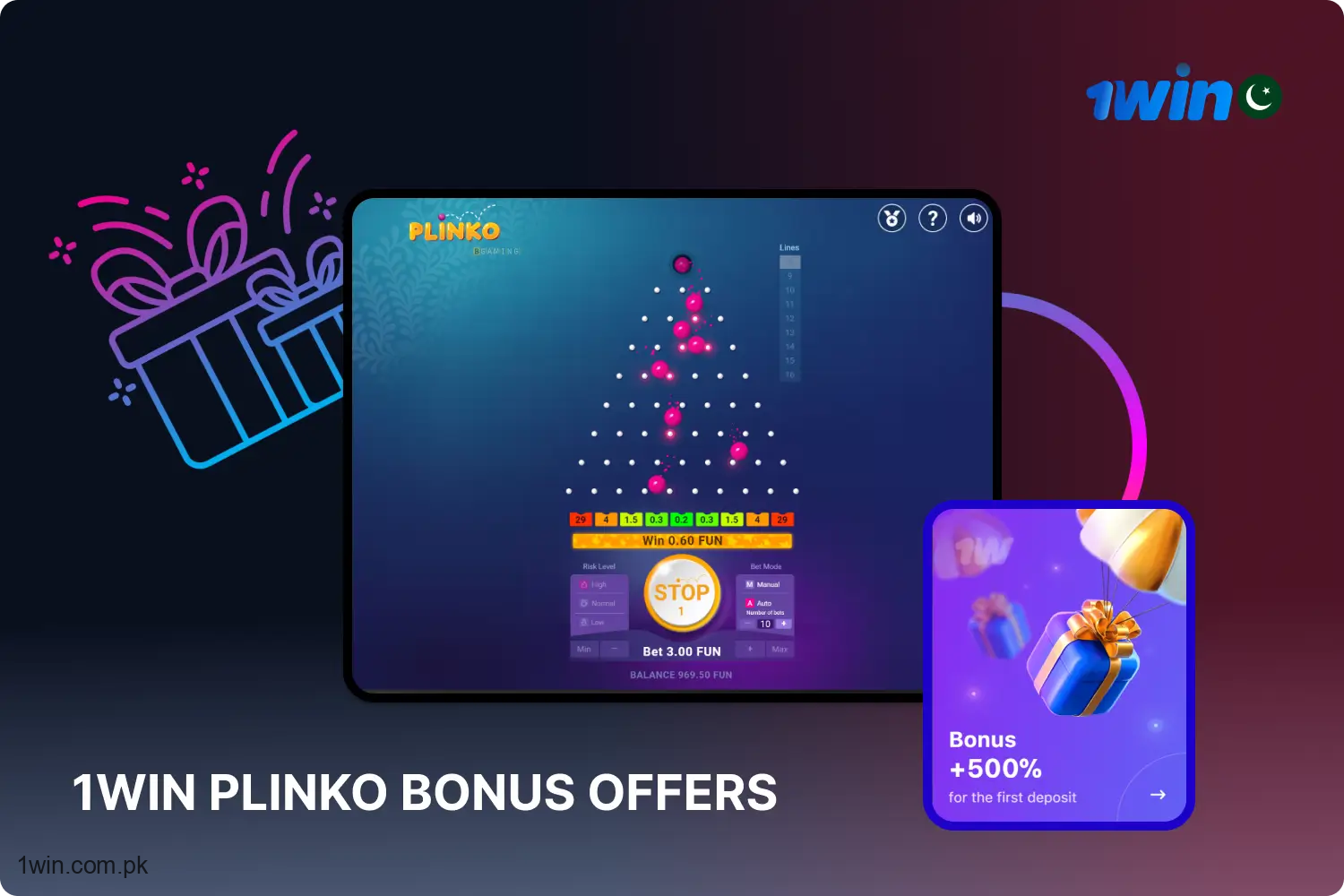 The Plinko 1win demo mode serves as an option to play without betting real money, using a FUN balance instead. If you exhaust your virtual balance, simply refresh the game or the page.