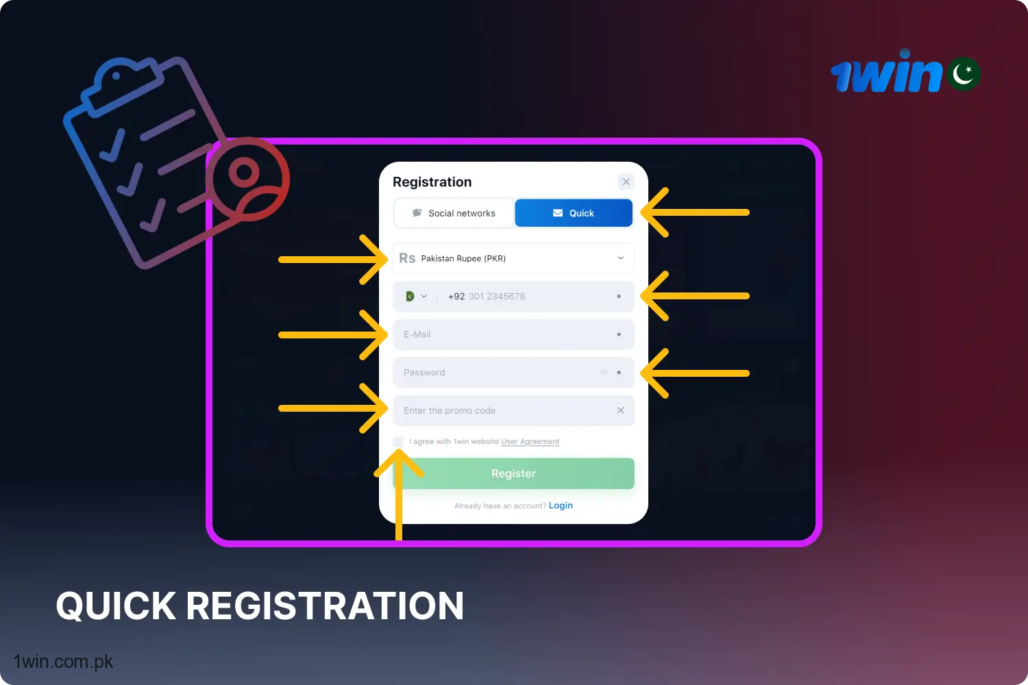 To complete 1win registration swiftly, Pakistani players must choose their currency, provide their phone number and email address, and create a password.