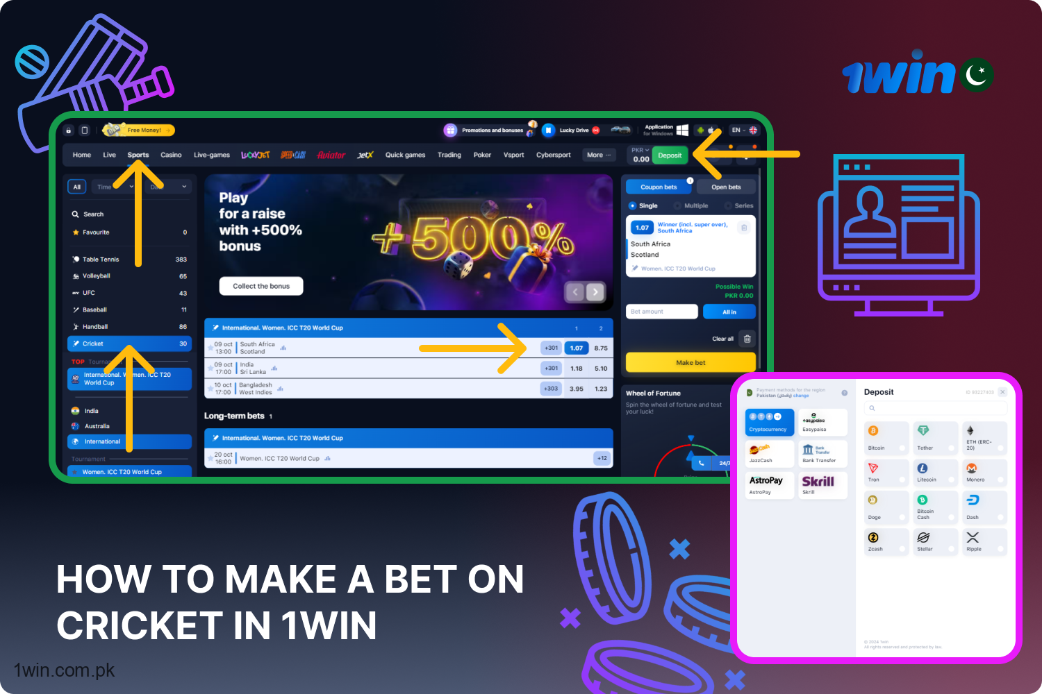 To engage in cricket betting at 1win, players from Pakistan must register, make a deposit, and select the event for their bet slip.