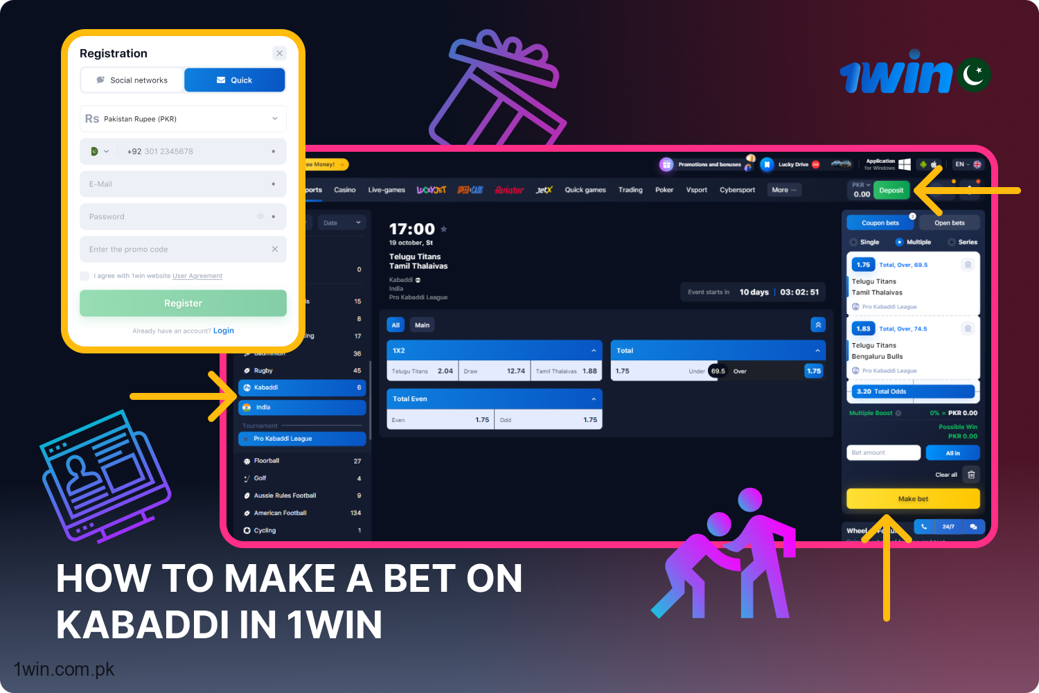 To place a Kabaddi bet at 1win, users in Pakistan must register, deposit funds, and include their chosen event on their bet slip.