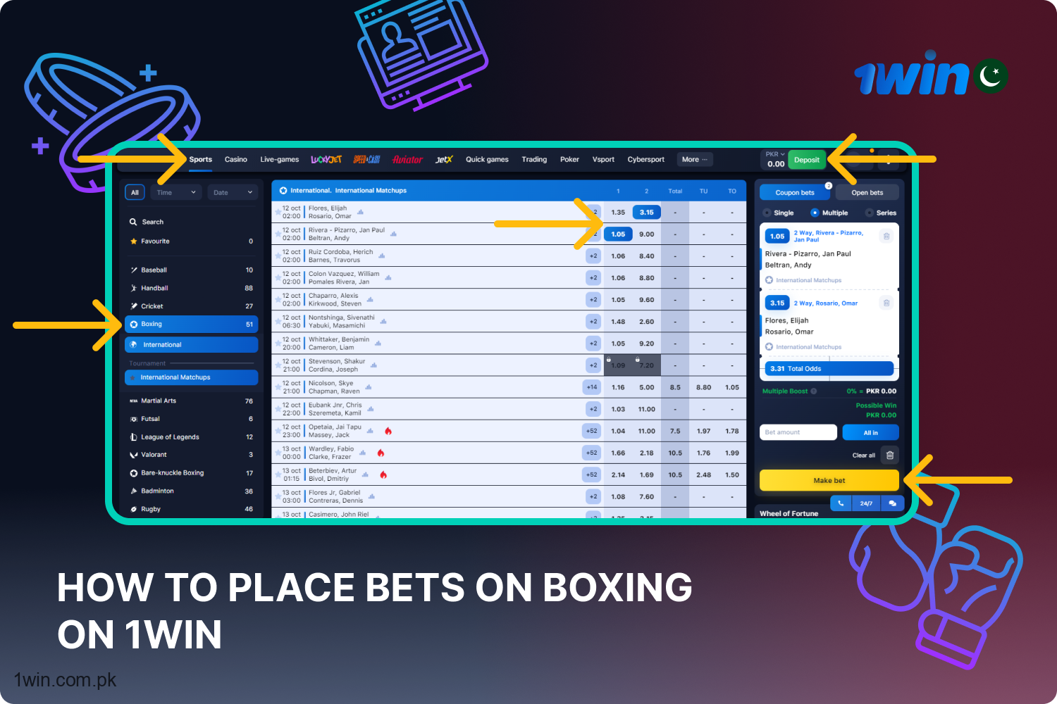 For bettors in Pakistan to engage in boxing betting on 1win, they must register, deposit funds, and select the event for their betslip.