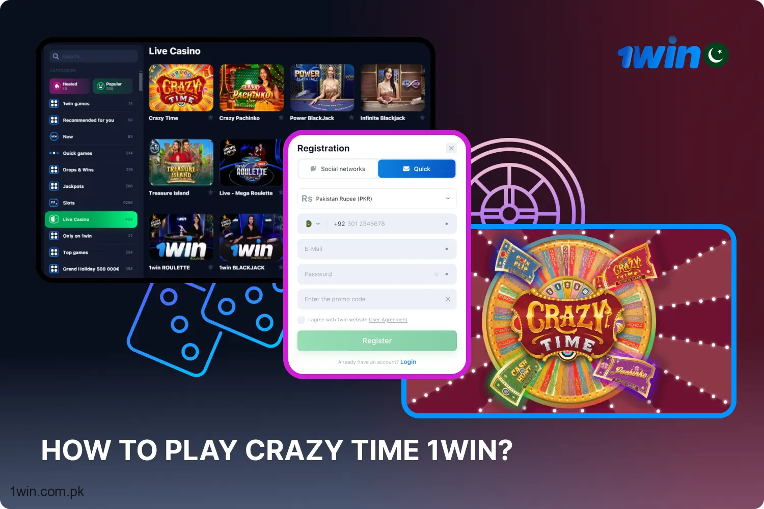 To begin playing Crazy Time at 1win in Pakistan, players are required to create an account on the site, deposit funds, enter the game, and set their bet amount.