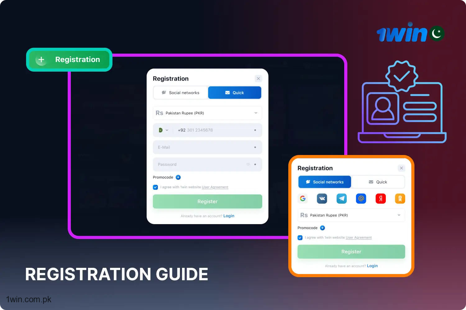 To create a 1win account, Pakistani players must provide a phone number, email address, and set a password in the registration form.